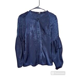 Alpha & Omega  Women's Pleated Long Sleeve Blue Satin Top Size Small